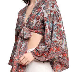 Wrap Top for Women|Backless Tops for Women| Multiway Tie Up V Neck Bell Sleeves Chinese Collar |S-M-L|Bust32-38in|Length18in