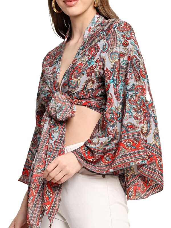 Wrap Top for Women|Backless Tops for Women| Multiway Tie Up V Neck Bell Sleeves Chinese Collar |S-M-L|Bust32-38in|Length18in