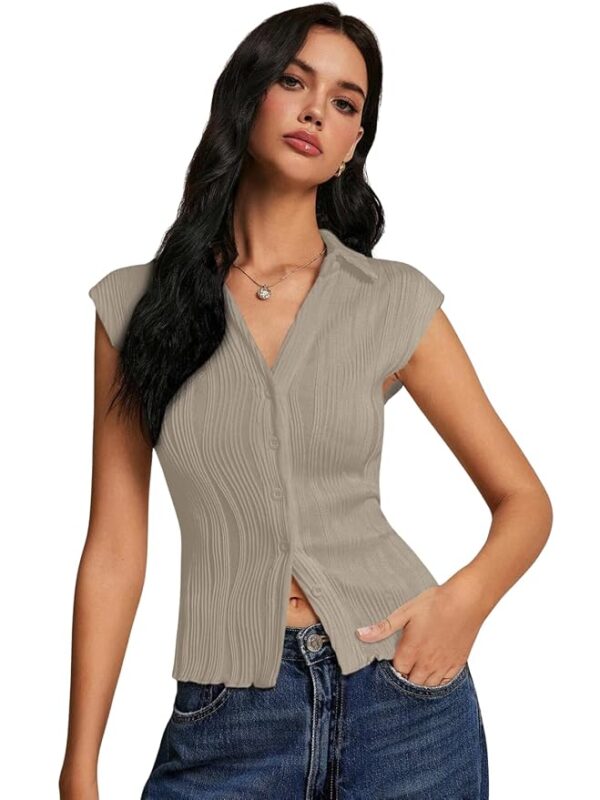 GRECIILOOKS Korean Tees for Women | Tops for Woman Wine | Collared Casual Summer Tops for Women Western | Knitted Top Button-Up Short Sleeve Crop Top |Summer Stylish Texture Korean Knit Tee