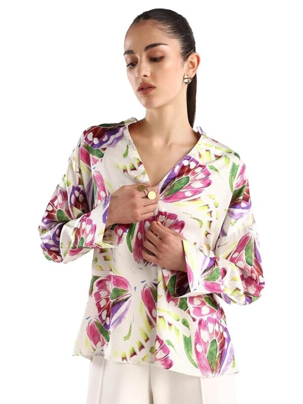Rareism Women's Gunay Multi Polyester Polyester V-Neck Abstract Print Cuffed Sleeve Regular Fit Top